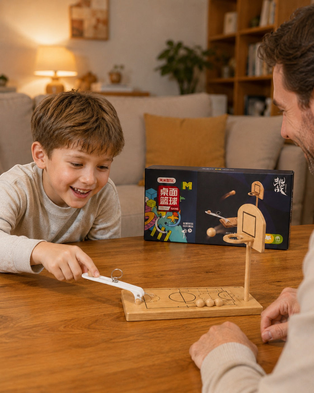 Tap2Own Wooden Tabletop Mini Basketball Game with boy playing and father watching. Natural wood finish.