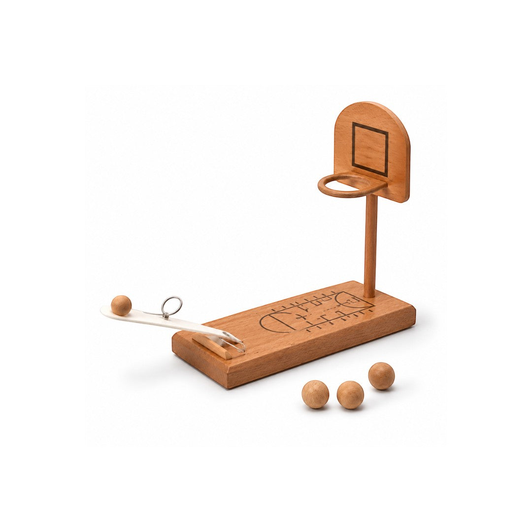 Tap2Own Wooden Tabletop Mini Basketball Game with hoop, launcher, and three balls. Natural wood finish.