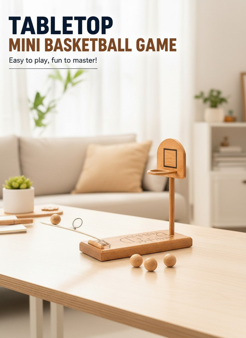Tap2Own wooden tabletop mini basketball game with hoop, launcher, and three balls on a light wood table.