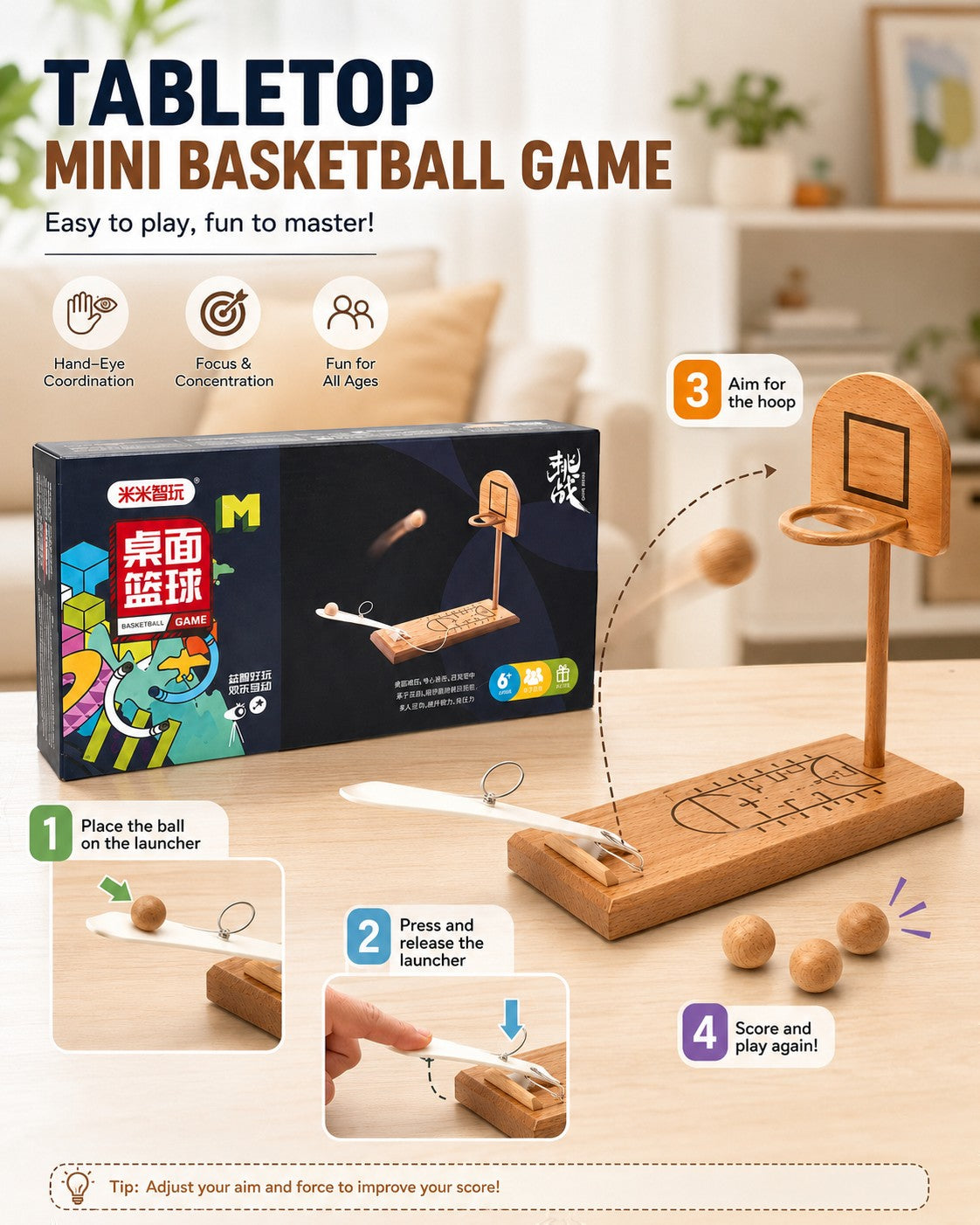 Tap2Own Wooden Tabletop Mini Basketball Game with natural wood hoop, launcher, and balls. Fun for all ages.