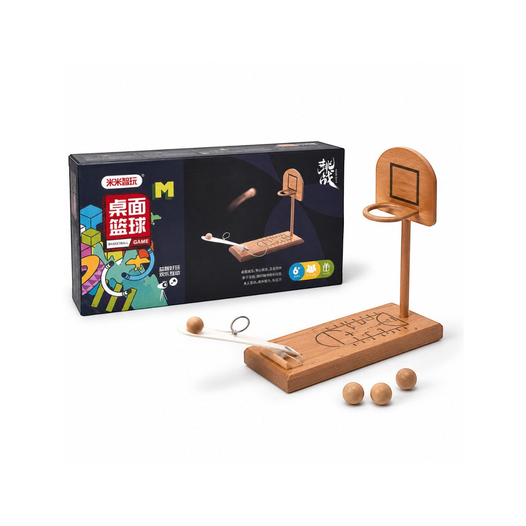 Tap2Own Wooden Tabletop Mini Basketball Game with hoop, launcher, and three balls. Natural wood finish.