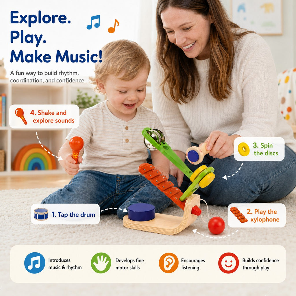 Tap2Own mother and child playing with a wooden musical tree toy featuring a xylophone, tambourine, and cymbals.