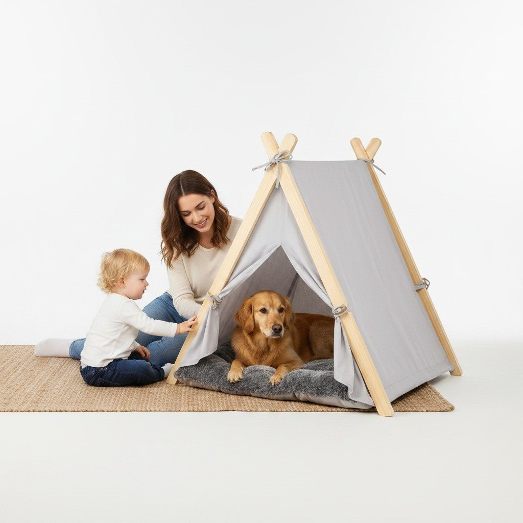 Tap2Own Wooden Pet Tent with grey canvas and faux fur cushion, a golden retriever rests inside.