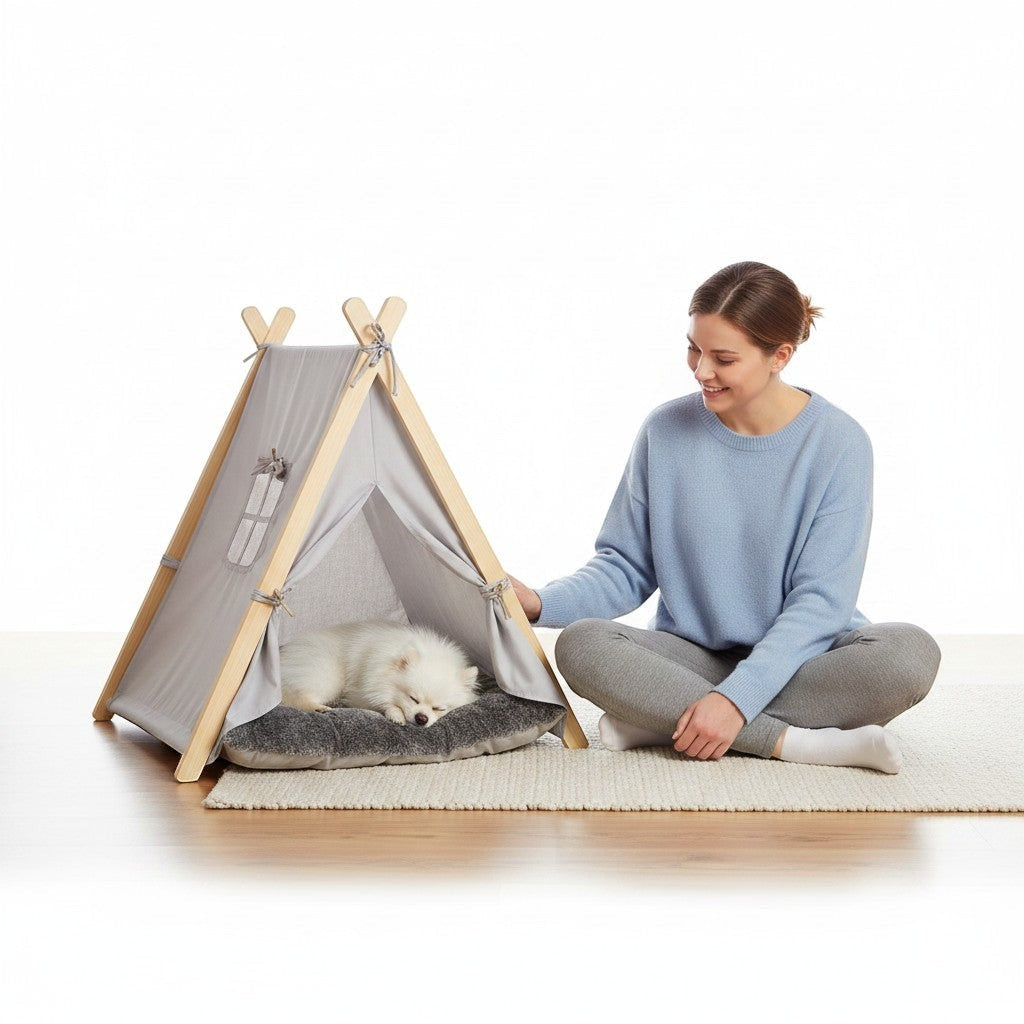 Tap2Own Wooden Pet Tent with grey canvas and faux fur cushion, featuring a small white dog sleeping inside.