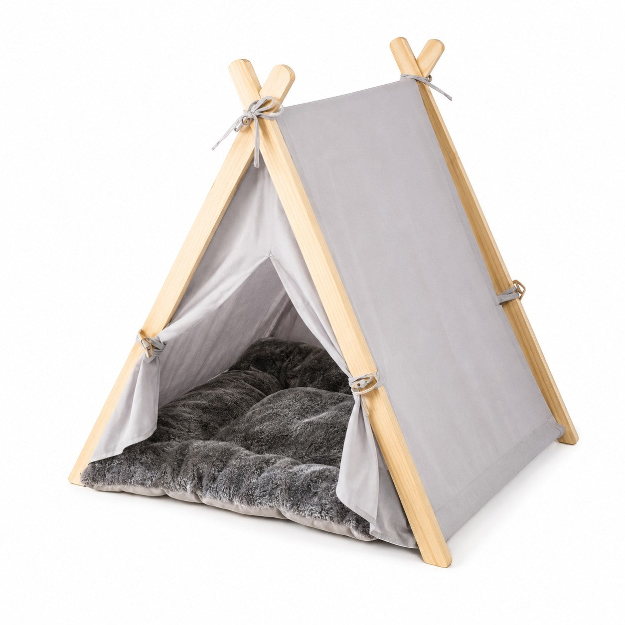 Tap2Own grey canvas pet tent with wooden frame and plush faux fur cushion inside.