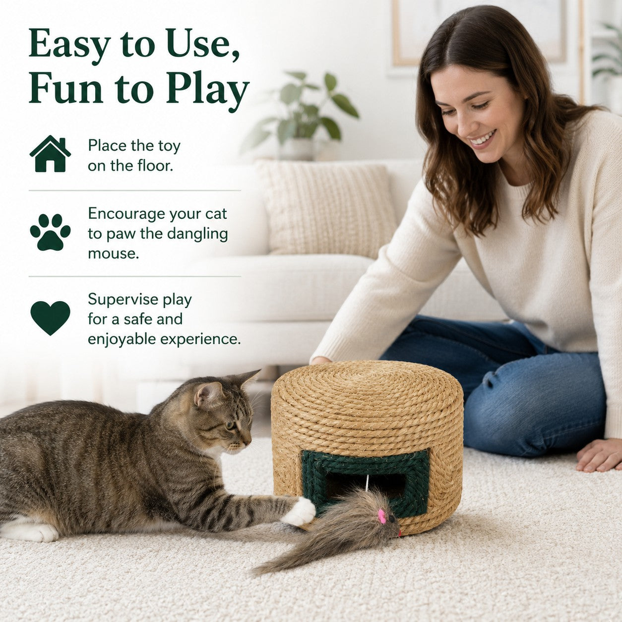 Tap2Own natural jute rope woven cat activity house with dangling mouse toy and green trim, a tabby cat plays with it.