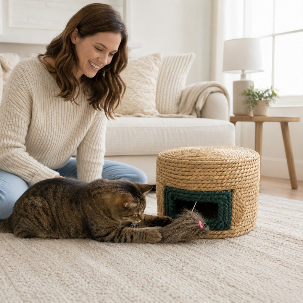 Tap2Own woven cat activity house made of natural jute rope with a dangling mouse toy and green trim.