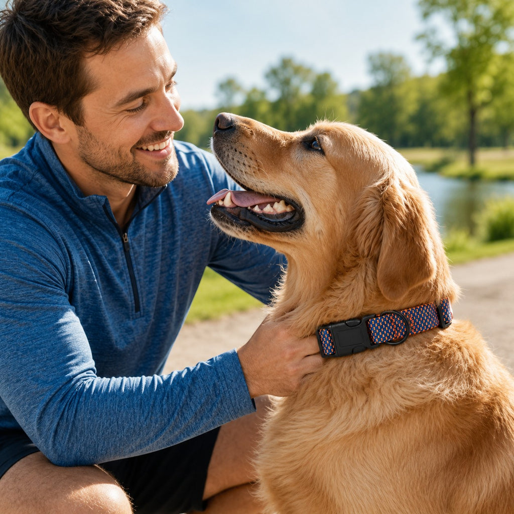 Tap2Own blue and orange woven dog collar with quick-release buckle on golden retriever outdoors