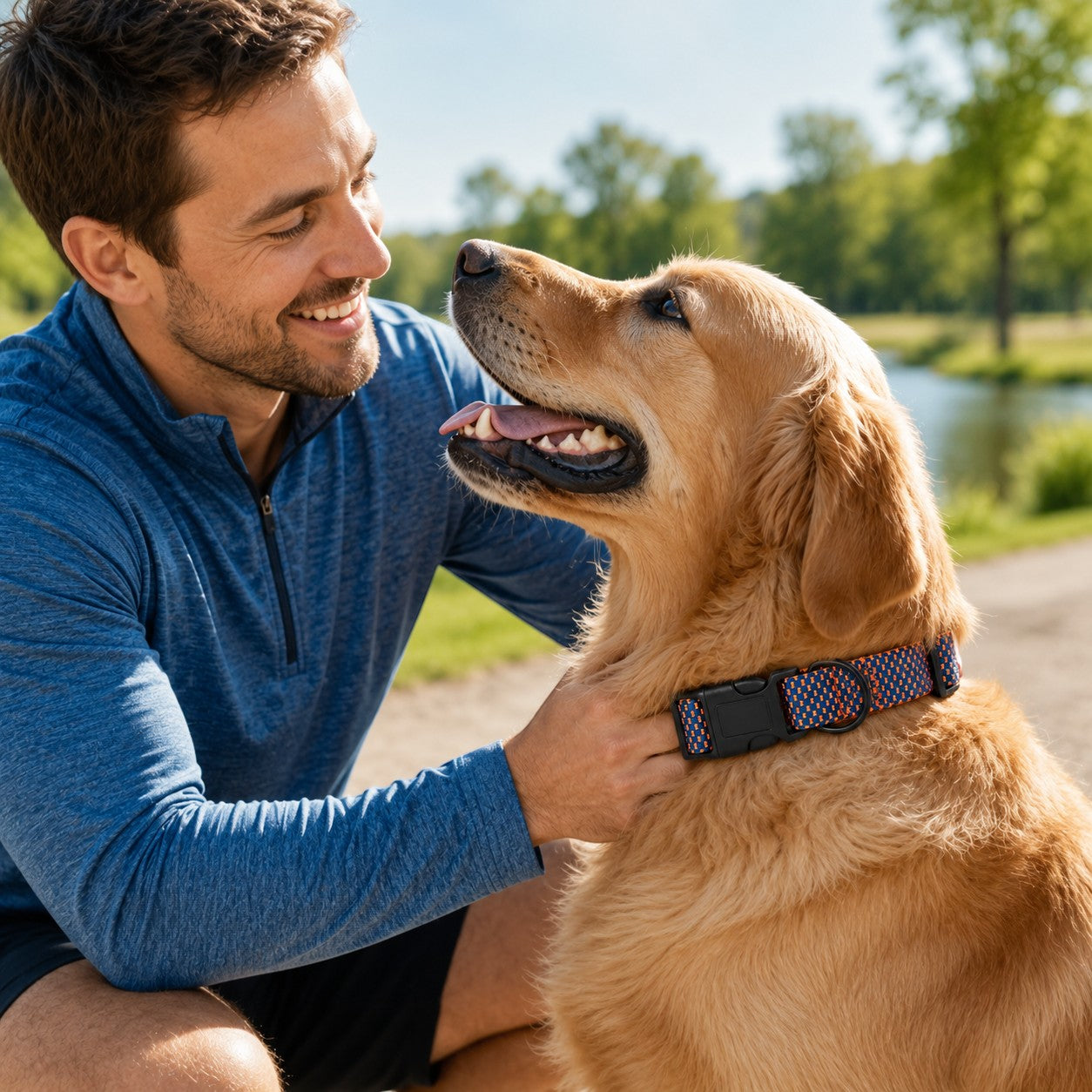 Tap2Own blue and orange woven dog collar with quick-release buckle on golden retriever outdoors