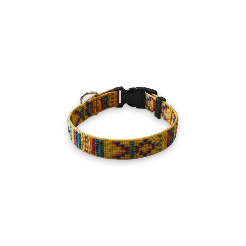 Tap2Own yellow woven dog collar with geometric pattern in red, blue, and green. Features black buckle and D-ring.