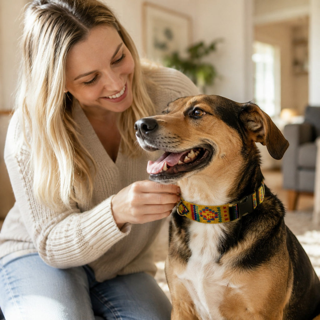 Tap2Own yellow woven dog collar with colorful geometric pattern, adjustable strap, and black buckle. A woman is fastening it on a dog.