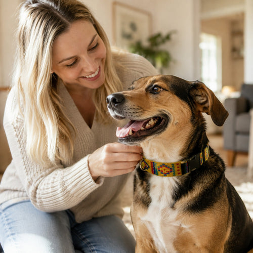 Tap2Own yellow woven dog collar with colorful geometric pattern, adjustable strap, and black buckle. A woman is fastening it on a dog.