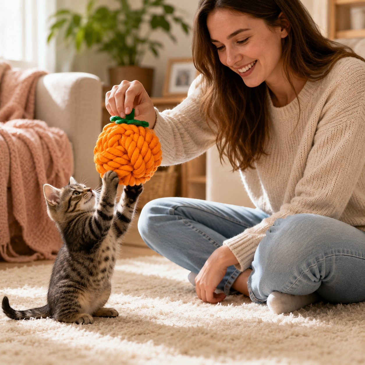Tap2Own orange woven rope pumpkin cat toy being played with by a kitten and a woman.
