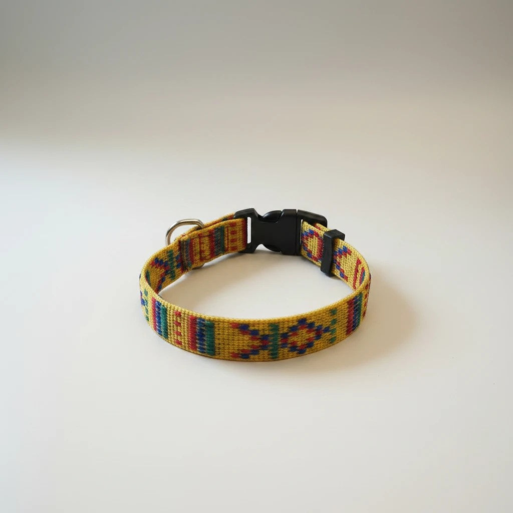Tap2Own yellow dog collar with colorful geometric pattern and black buckle