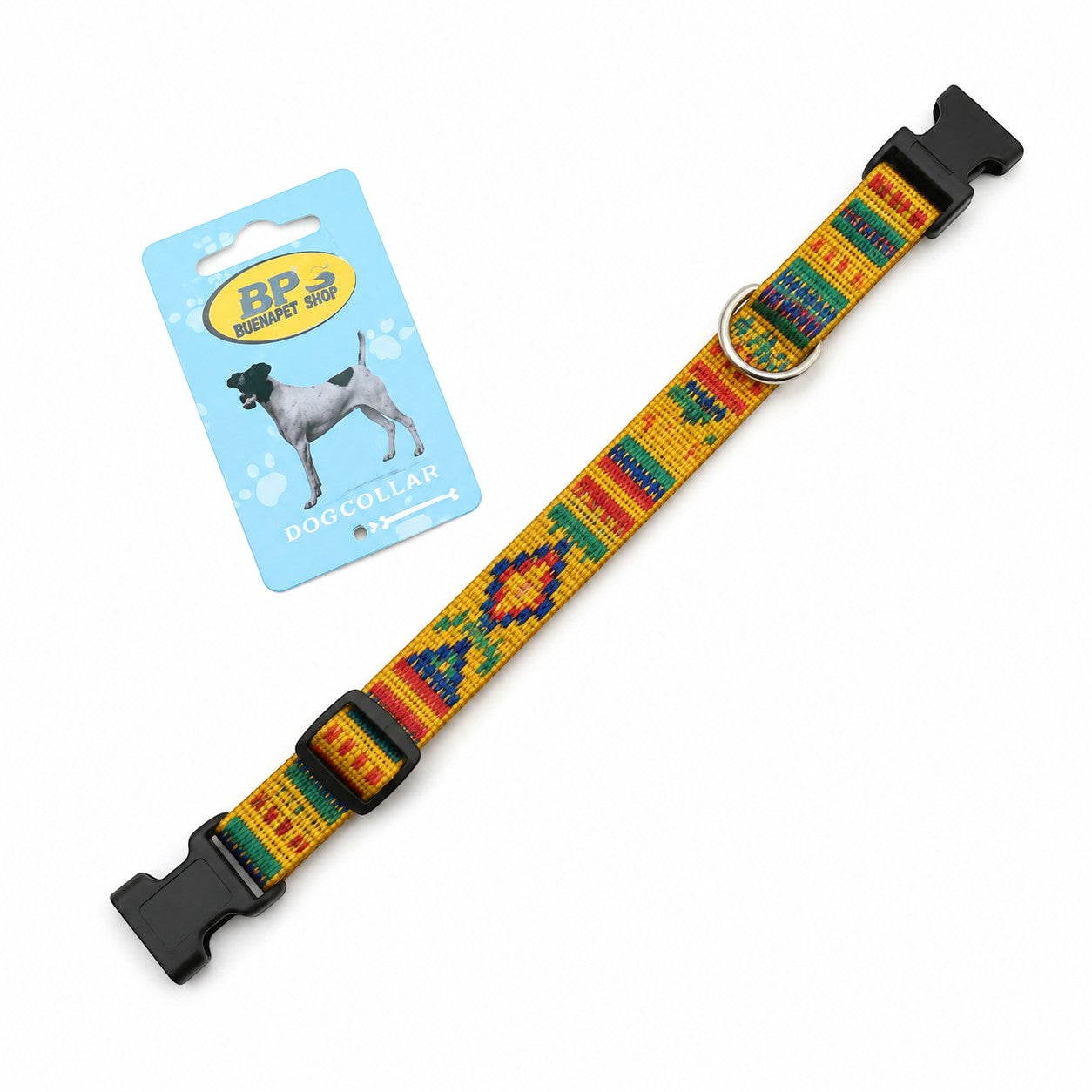 Tap2Own yellow woven dog collar with colorful geometric pattern, adjustable strap, and black buckle.
