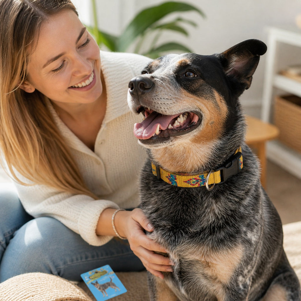Tap2Own yellow woven dog collar with colorful geometric pattern and black buckle, worn by a dog with a woman petting it.