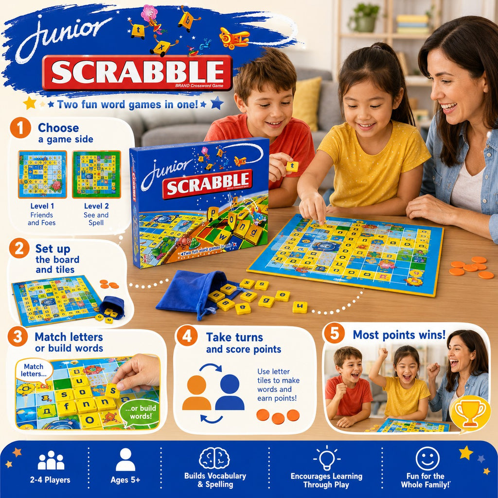 Tap2OwnHere Junior Scrabble Brand crossword game with a family playing. Features two game sides for different skill levels.