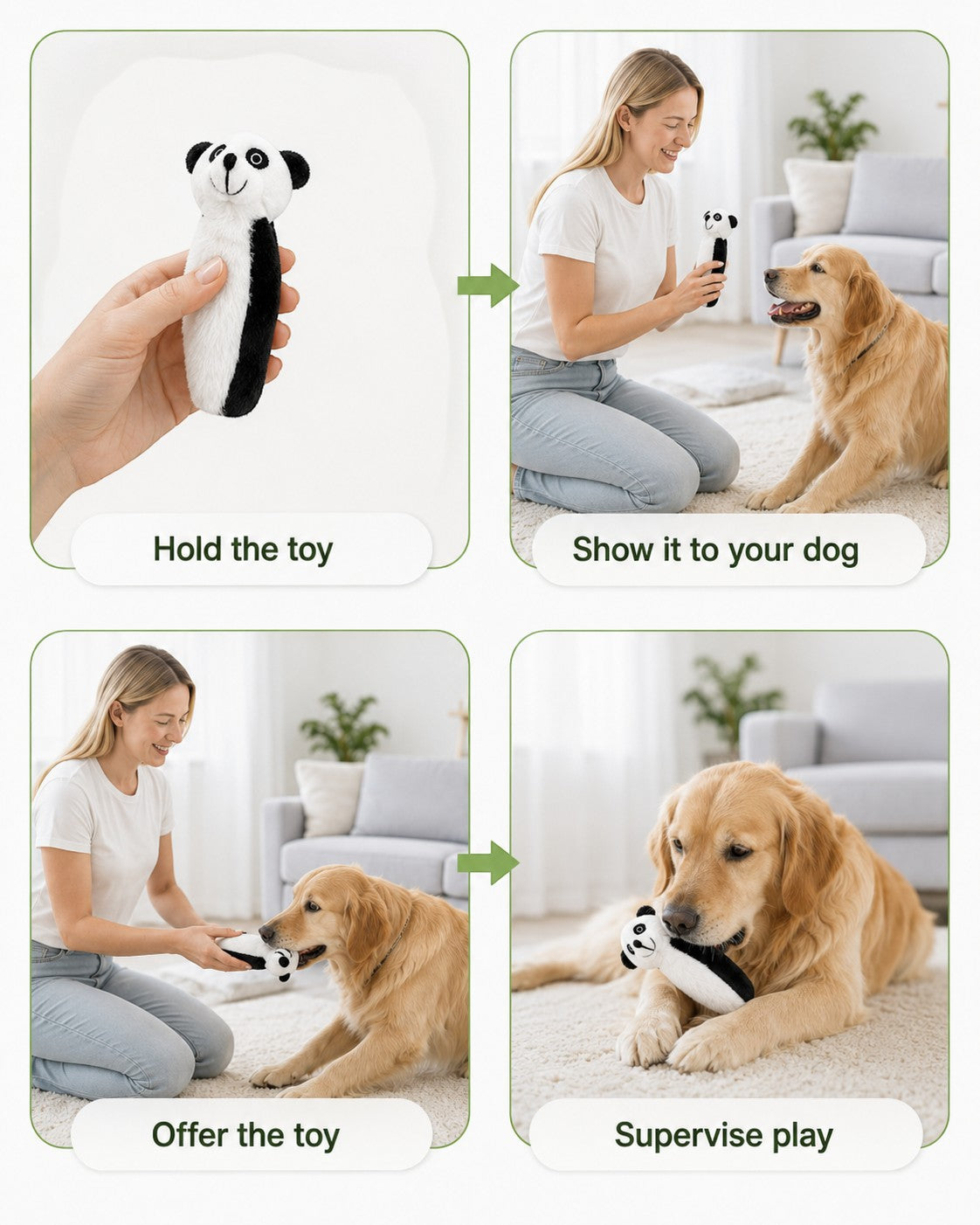 TapToOwn Plush Panda Dog Toy, soft white and black plush with embroidered face, for interactive play.