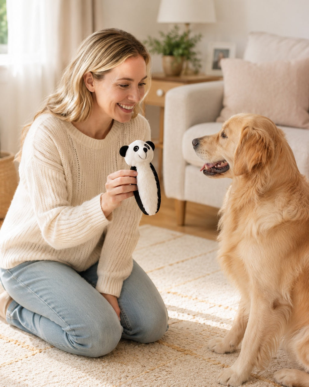 TapToOwn plush panda dog toy, black and white with embroidered face, for interactive play. Woman holding toy for Golden Retriever.